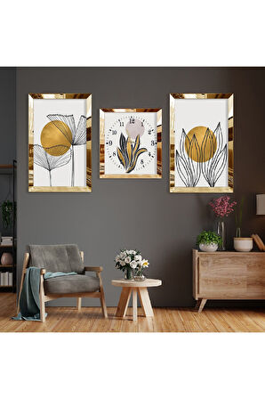 Soyut Desen Bitki Ve Güneş Gümüş Pleksi Kenar Üçlü Mdf Tablo Seti