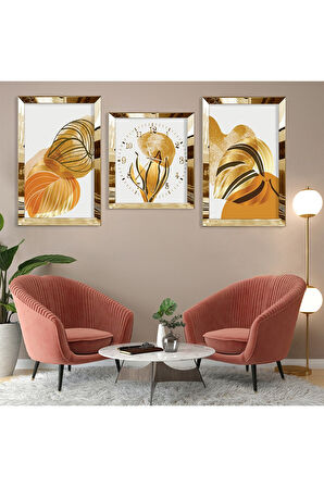 Soyut Desen Bitki Gold Pleksi Kenar Üçlü Mdf Tablo Seti