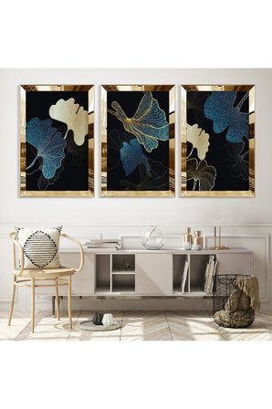 Soyut Desen Çiçek Gold Pleksi Kenar Üçlü Mdf Tablo Seti