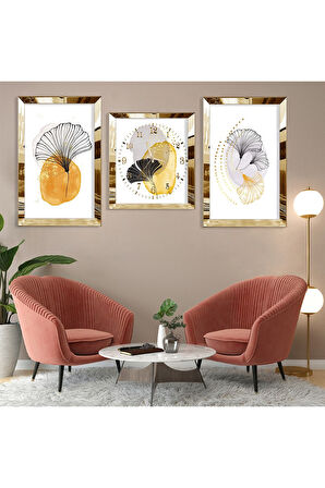 Soyut Desen Yaprak Gold Pleksi Kenar Üçlü Mdf Tablo Seti