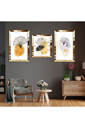 Soyut Desen Yaprak Gold Pleksi Kenar Üçlü Mdf Tablo Seti