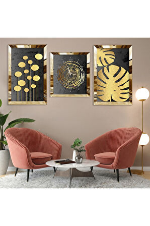 Soyut Desen Yaprak Gold Pleksi Kenar Üçlü Mdf Tablo Seti