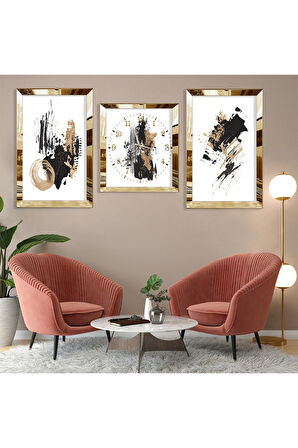 Soyut Desen Boya Gümüş Pleksi Kenar Üçlü Mdf Tablo Seti
