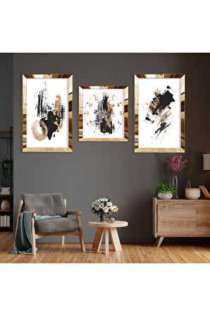 Soyut Desen Boya Gümüş Pleksi Kenar Üçlü Mdf Tablo Seti