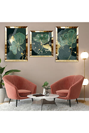 Yeşil Çiçek Soyut Desen Gold Pleksi Kenar Üçlü Mdf Tablo Seti