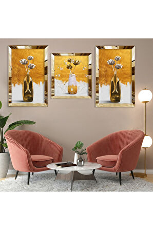 Vazolu Çiçek Soyut Desen Gold Pleksi Kenar Üçlü Mdf Tablo Seti