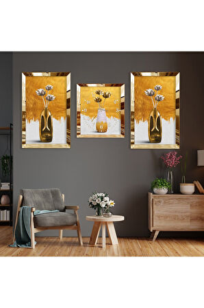 Vazolu Çiçek Soyut Desen Gold Pleksi Kenar Üçlü Mdf Tablo Seti