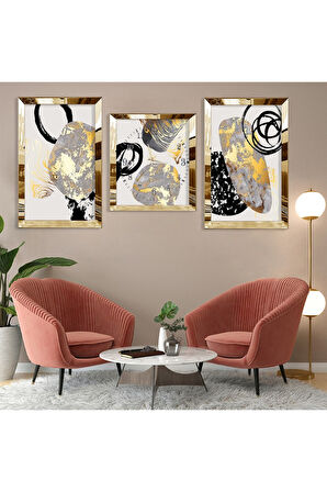 Soyut Desen Gold Pleksi Kenar Üçlü Mdf Tablo Seti