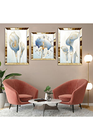 Çiçek Soyut Desen Gold Pleksi Kenar Üçlü Mdf Tablo Seti