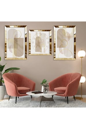 Soyut Desen Şekiller Gold Pleksi Kenar Üçlü Mdf Tablo Seti Ve Saat Seti