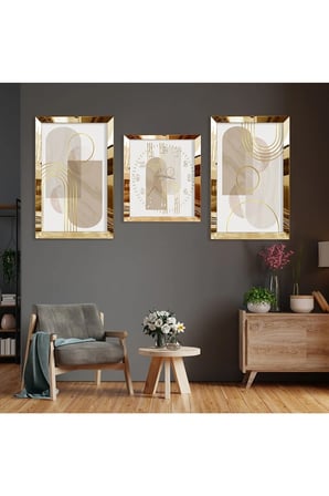 Soyut Desen Şekiller Gold Pleksi Kenar Üçlü Mdf Tablo Seti Ve Saat Seti