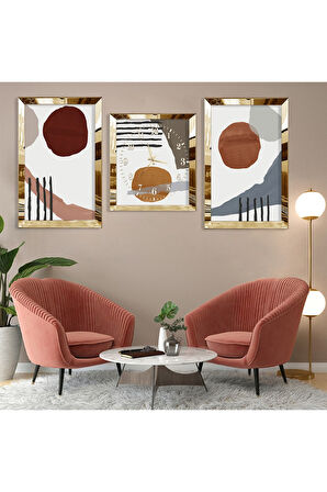 Şekiller Soyut Desen Gold Pleksi Kenar Üçlü Mdf Tablo Seti