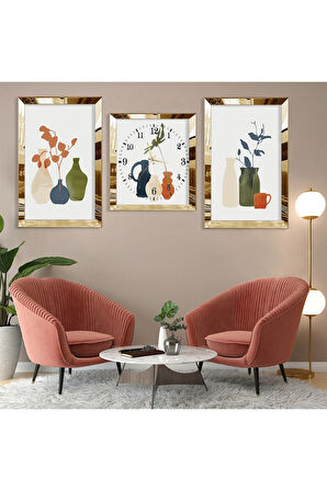 Minimalist Soyut Desen Gold Pleksi Kenar Üçlü Mdf Tablo Seti