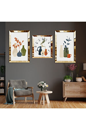 Minimalist Soyut Desen Gold Pleksi Kenar Üçlü Mdf Tablo Seti