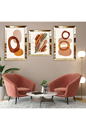 Minimalist Soyut Desen Gold Pleksi Kenar Üçlü Mdf Tablo Seti