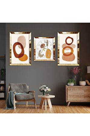 Minimalist Soyut Desen Gold Pleksi Kenar Üçlü Mdf Tablo Seti