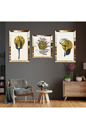 Minimalist Çiçek Soyut Desen Gold Pleksi Kenar Üçlü Mdf Tablo Seti