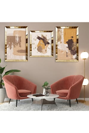 Soyut Desen Gold Pleksi Kenar Üçlü Mdf Tablo Seti