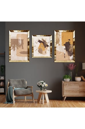 Soyut Desen Gold Pleksi Kenar Üçlü Mdf Tablo Seti