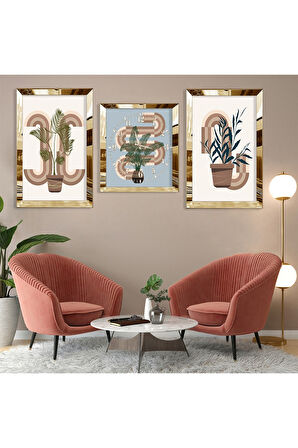 Minimalist Çiçek Soyut Desen Gold Pleksi Kenar Üçlü Mdf Tablo Seti