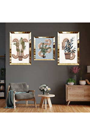 Minimalist Çiçek Soyut Desen Gold Pleksi Kenar Üçlü Mdf Tablo Seti