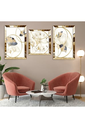 Minimalist Çiçek Soyut Desen Gümüş Pleksi Kenar Üçlü Mdf Tablo Seti Ve Saat Seti