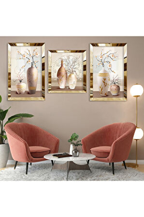Gümüş Aynalı Pleksi Çerçeveli Minimalist Desenli Soyut Üçlü Mdf Tablo Seti