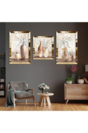 Gümüş Aynalı Pleksi Çerçeveli Minimalist Desenli Soyut Üçlü Mdf Tablo Seti