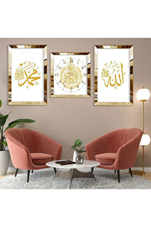 Gold Aynalı Pleksi Çerçeveli Hz Muhammed Ve Allah Lafzı Üçlü Mdf Tablo Seti