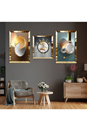 Geyik Soyut Desen Gold Pleksi Kenar Üçlü Mdf Tablo Seti