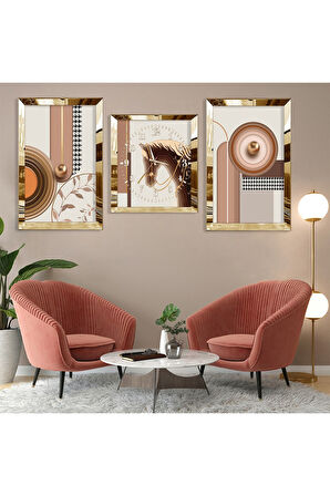 At Soyut Desen Gold Pleksi Kenar Üçlü Mdf Tablo Seti
