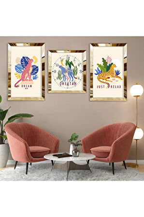 Çita Soyut Desen Gümüş Pleksi Kenar Üçlü Mdf Tablo Seti