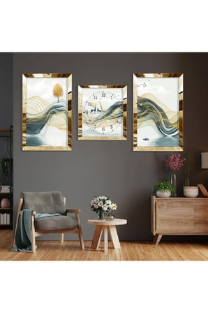 Soyut Desen Gold Pleksi Kenar Üçlü Mdf Tablo Seti Ve Saat Seti