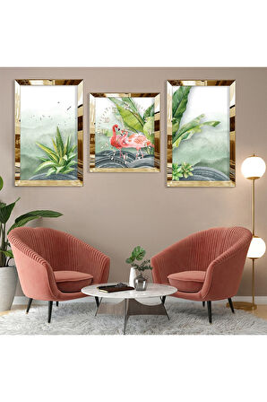 Flamingo Soyut Desen Gold Pleksi Kenar Üçlü Mdf Tablo Seti