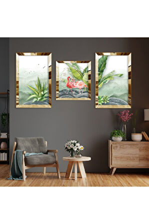 Flamingo Soyut Desen Gold Pleksi Kenar Üçlü Mdf Tablo Seti