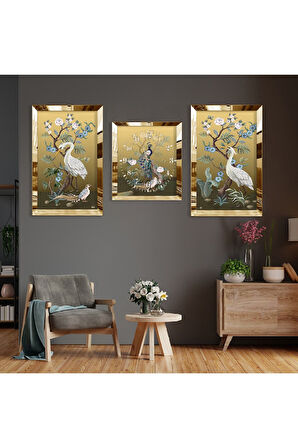 Tavus Kuşu Soyut Desen Gold Pleksi Kenar Üçlü Mdf Tablo Seti