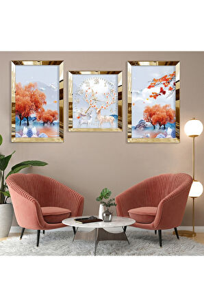 Geyik Soyut Desen Gold Pleksi Kenar Üçlü Mdf Tablo Seti