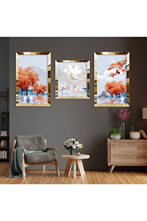 Geyik Soyut Desen Gold Pleksi Kenar Üçlü Mdf Tablo Seti