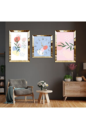 Minimalist Çiçek Soyut Desen Gold Pleksi Kenar Üçlü Mdf Tablo Seti