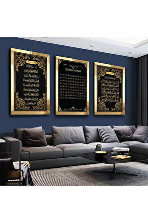 Gold Aynalı Pleksi Çerçeveli Esmaül Hüsna, Ayetel Kürsi, Fatiha Süresi Dini Üçlü Mdf Tablo Seti