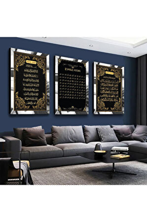 Gold Aynalı Pleksi Çerçeveli Esmaül Hüsna, Ayetel Kürsi, Fatiha Süresi Dini Üçlü Mdf Tablo Seti