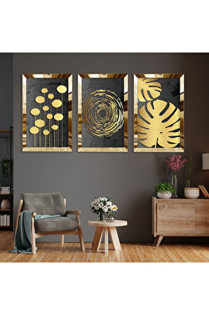 Soyut Desen Yaprak Gold Pleksi Kenar Üçlü Mdf Tablo Seti