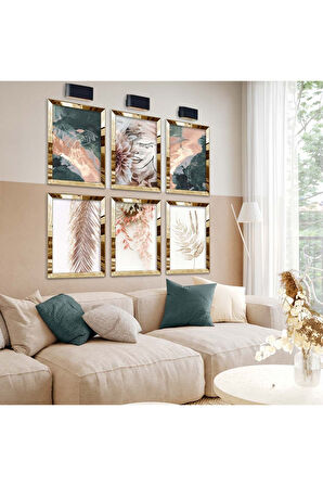 Gümüş Aynalı Pleksi Çerçeveli Kolaj Çizim Ve Kuru Çiçek Altılı Mdf Tablo Seti