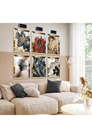 Gümüş Aynalı Pleksi Çerçeveli Modern Çizim Çiçek Ve Dallar Altılı Mdf Tablo Seti