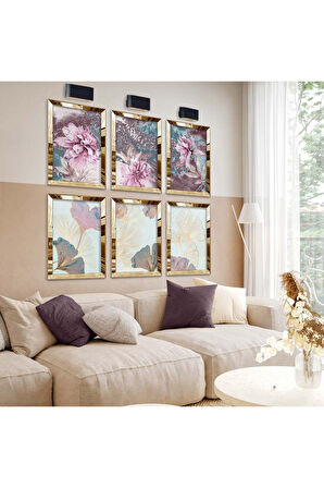 Gümüş Aynalı Pleksi Çerçeveli Modern Çizim Çiçek Desen Altılı Mdf Tablo Seti