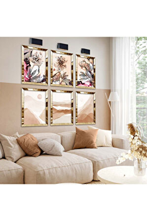 Gümüş Aynalı Pleksi Çerçeveli Kolaj Çizim Ve Çiçek Görsel Altılı Mdf Tablo Seti