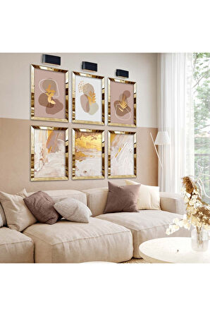 Gümüş Aynalı Pleksi Çerçeveli Soyut Çizim Modern Tema Altılı Mdf Tablo Seti