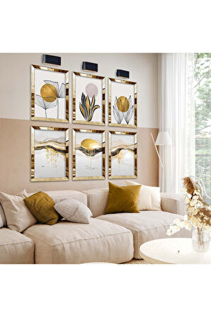Gold Aynalı Pleksi Çerçeveli Kolaj Çizim Çiçek Figür Altılı Mdf Tablo Seti