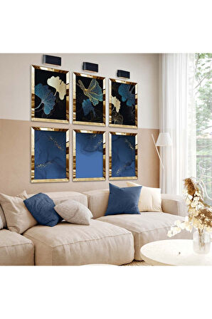 Gümüş Aynalı Pleksi Çerçeveli Mavi Çiçek Ve Soyut Tema Altılı Mdf Tablo Seti