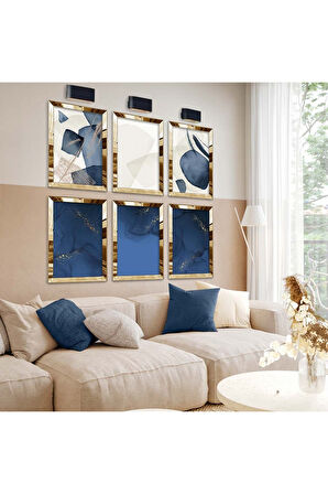 Gold Aynalı Pleksi Çerçeveli Kolaj Çizim Ve Mavi Soyut Tema Altılı Mdf Tablo Seti